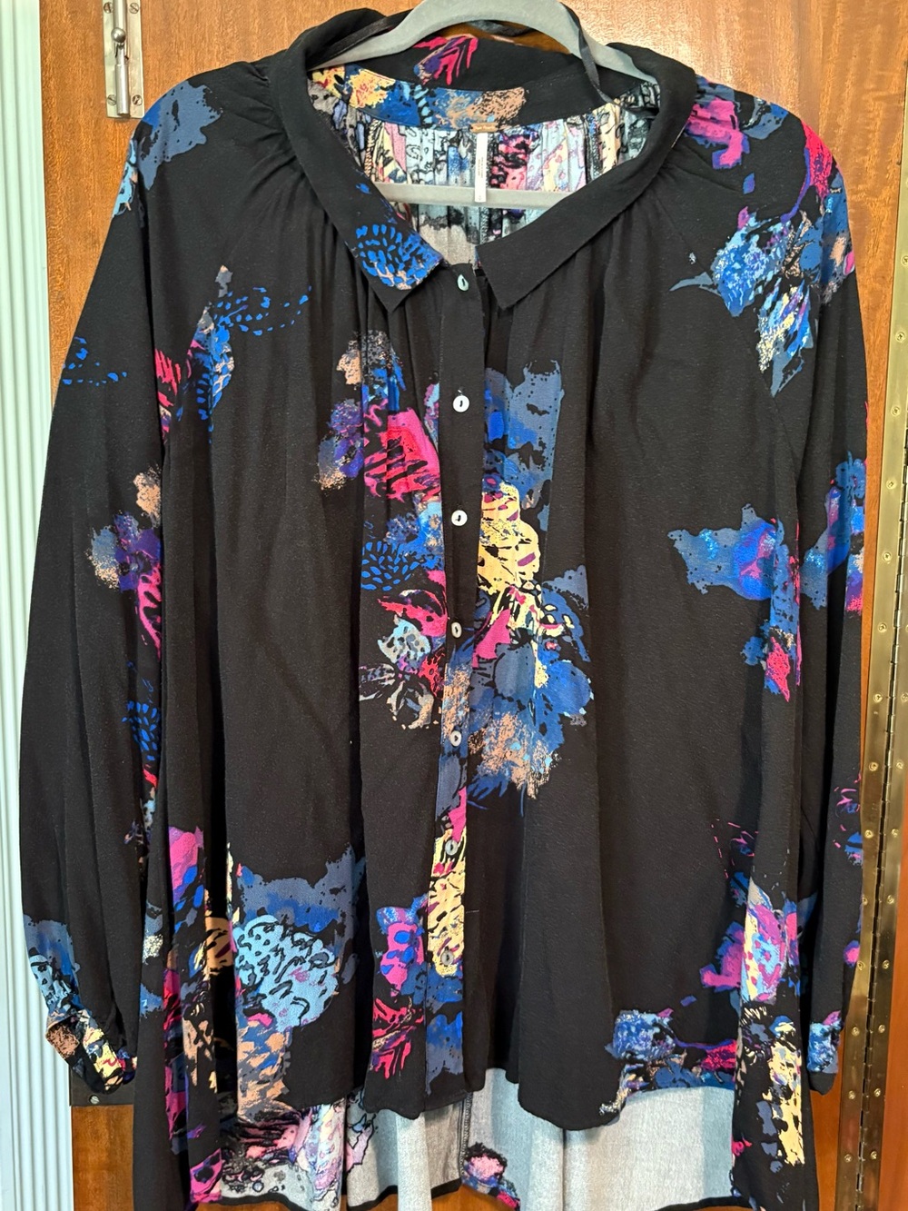 Free People Black Button-Down Blouse with Multicolor Floral Print